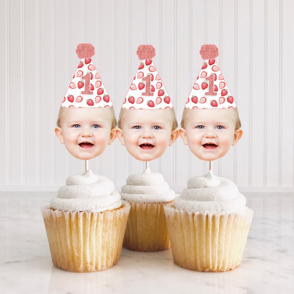 Strawberry Cupcake Toppers, Berry First Birthday Cupcake Topper, Custom Photo Cupcake Topper Printable DIY, Strawberry Party Decorations