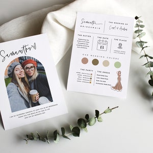 May include: A bridesmaid card with a photo of two women in front of an archway. The card says "Samantha" and includes the text "I am so incredibly grateful to have you as my bridesmaid. Thank you for being by my side in life and on my wedding day."