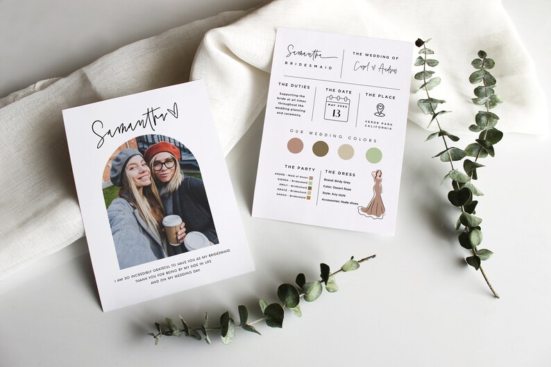 May include: A bridesmaid card with a photo of two women in front of an archway. The card says "Samantha" and includes the text "I am so incredibly grateful to have you as my bridesmaid. Thank you for being by my side in life and on my wedding day."