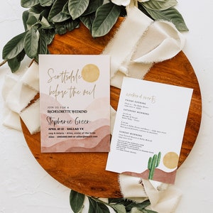 May include: Invitation to a bachelorette weekend in Scottsdale, Arizona. The invitation features a watercolor background with a sunset and mountains. The text reads "Scottsdale before the oil" and "Join us for a bachelorette weekend, Stephanie Greer, April 10-12, Dallas TX".