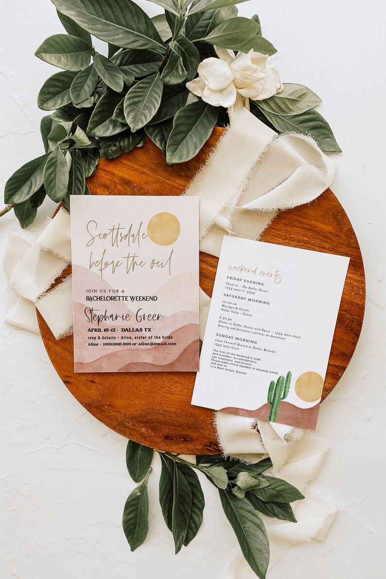 May include: Invitation to a bachelorette weekend in Scottsdale, Arizona. The invitation features a watercolor background with a sunset and mountains. The text reads "Scottsdale before the oil" and "Join us for a bachelorette weekend, Stephanie Greer, April 10-12, Dallas TX".
