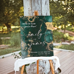 Emerald Watercolor Welcome Sign Template, Printable Hunter Green & Gold Wedding Sign, Editable Modern Welcome Poster, Instant Download Sign