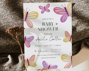Butterfly Baby Shower Invitation Template, Butterfly Baby Shower Girl Invite, A Little Butterfly Is On Her Way, Butterfly Wishes, Templett