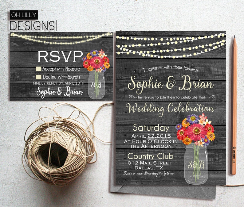 Rustic Wedding Invitation Mason Jar Wedding Invitations Rustic Wedding Invitation Suite Digital File