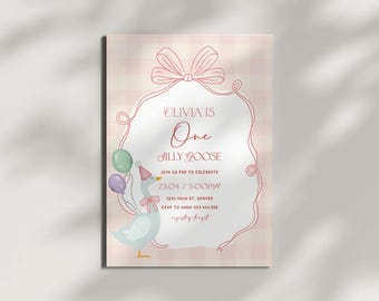 One Silly Goose Birthday Invitation Template, Editable Girl 1st Birthday Pink Printable Invite, Pink Floral Silly Goose First Birthday