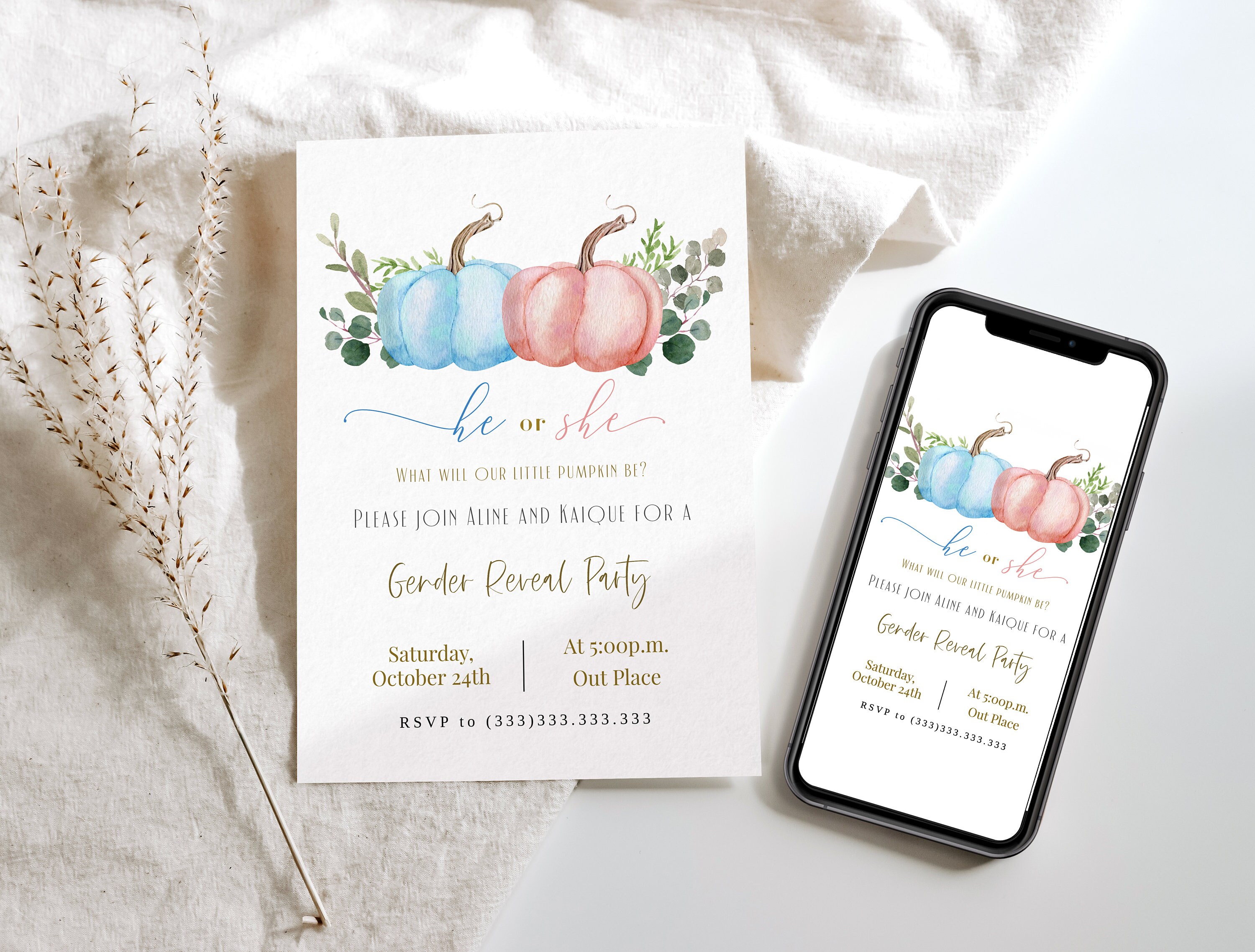 Pumpkin Gender Reveal Invitation Gender Reveal Invitation Autumn Gender Reveal Invitation Halloween Theme Editable Gender
