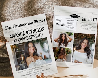 Newspaper Graduation Announcement, Senior Graduate Announcement Template, Modern Graduation Invite, Graduation Party Evite Class 2026 Canva