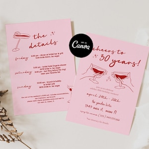 Cheers To 30 Years Invitation Hand Drawn Illustration, 30th Birthday Invitation for Her, Aesthetic Birthday Invitation, Birthday Itinerary