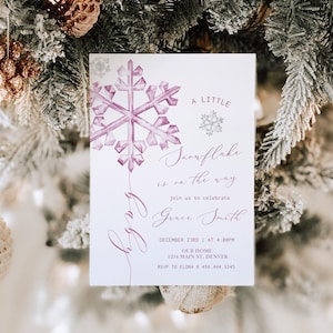 Pink Snowflake Baby Shower Invitation, A Little Snowflake is On The Way Baby Shower Invitation, Winter Baby Shower Girl Invite, Editable