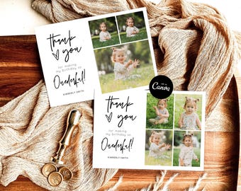 1st Birthday Thank You Card Template, Photo Thank You Card Printable, First Birthday Thank You Card, Onederful Birthday Card Canva