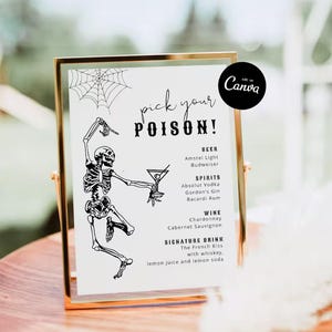 May include: A gold-framed sign with the text "pick your POISON!" and a skeleton illustration. The sign lists beer, spirits, wine, and a signature drink. The Canva logo is in the upper right corner.