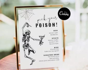 Pick Your Poison Sign, Halloween Bar Menu Template, Spooky Skeleton Bar Sign, Halloween Cocktail Menu Template, Adult Halloween Party Decor
