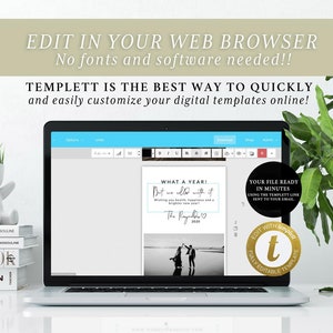 May include: A laptop computer displaying a website with a black and white photo of a couple on a beach. The text on the screen reads "What a year! But we did it." and "The Raynor's 2022". The website is called Templett and is a digital template editor.