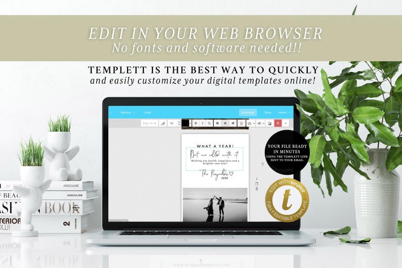 May include: A laptop computer displaying a website with a black and white photo of a couple on a beach. The text on the screen reads "What a year! But we did it." and "The Raynor's 2022". The website is called Templett and is a digital template editor.