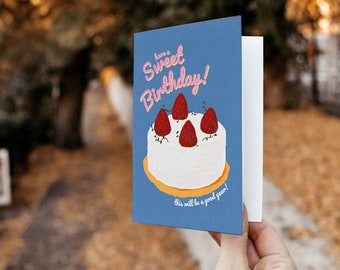 Birthday Card Printable Funny, Editable Birthday Card for Friends, Birthday Card for her Download, Printable Happy Birthday Card, Cake, Blue