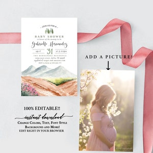 May include: Baby shower invitation with watercolor landscape design. The invitation includes details for Gabrielle Hernandez's baby shower on April 31st at 5:00 PM. The design is 100% editable and available for instant download.