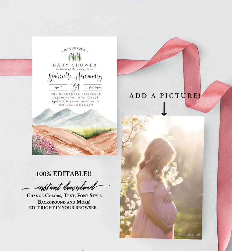 May include: Baby shower invitation with watercolor landscape design. The invitation includes details for Gabrielle Hernandez's baby shower on April 31st at 5:00 PM. The design is 100% editable and available for instant download.