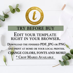 Puede incluir: Imagen estilizada con el texto "TRY BEFORE BUY" y "Edit your template right in your browser." La imagen incluye una & blanca, ramitas verdes y un logotipo circular dorado con el texto "EDIT WITH templet fully editable template."