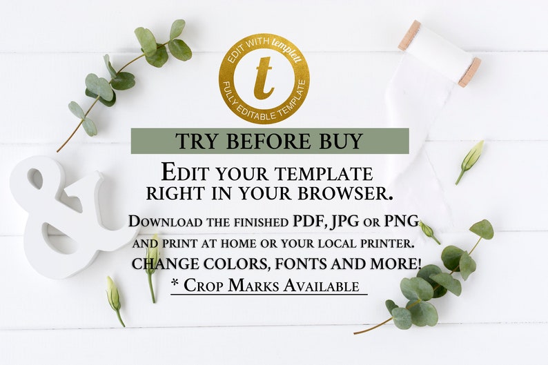 Puede incluir: Imagen estilizada con el texto "TRY BEFORE BUY" y "Edit your template right in your browser." La imagen incluye una & blanca, ramitas verdes y un logotipo circular dorado con el texto "EDIT WITH templet fully editable template."