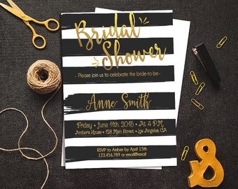 Gold Glitter Bridal Shower Invitation, Black & White Stripe Bridal Shower, Stripes Bridal Shower Invitation, Printable Bridal Shower Invite