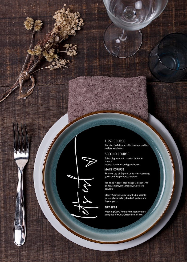 Black Wedding Round Menu Template Round Menu Cards Template Etsy