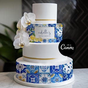 Mediterranean Bridal Shower Decor, Cake Icing Template, Lemon Baby Shower, Positano Wedding Bridal Decor, Wedding Cake, Cake Wrap Pattern