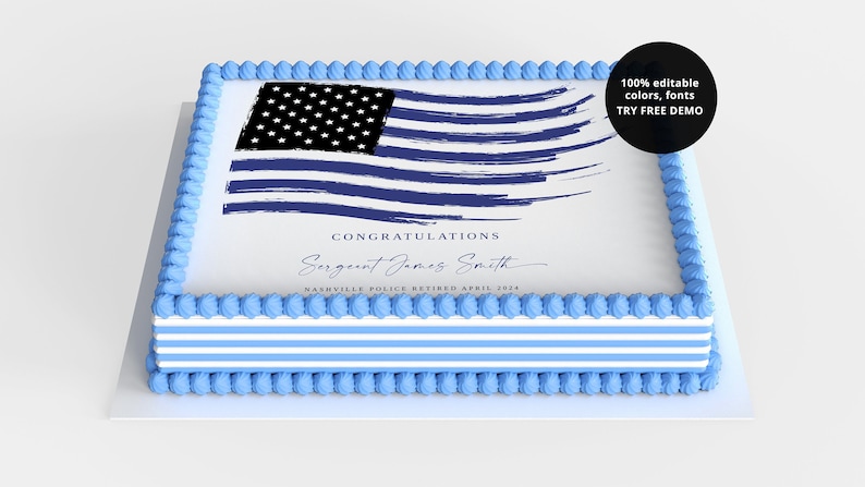 Police Cake Topper TEMPLATE, Printable Police Retirement Cake Topper, Thin Blue Line Flag Cake Topper Instant Download, DIY Editable Topper image 1