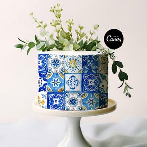 Positano Bridal Shower Decor, Italy Wedding Cake Wrap Pattern Printable, Italy Blue Tile Party Decor, Cake Icing Template, Baptism Cake DIY