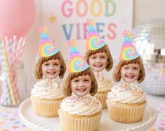 Personalized Tie Dye Face Cupcake Toppers, Birthday Party Decor (Digital Download)