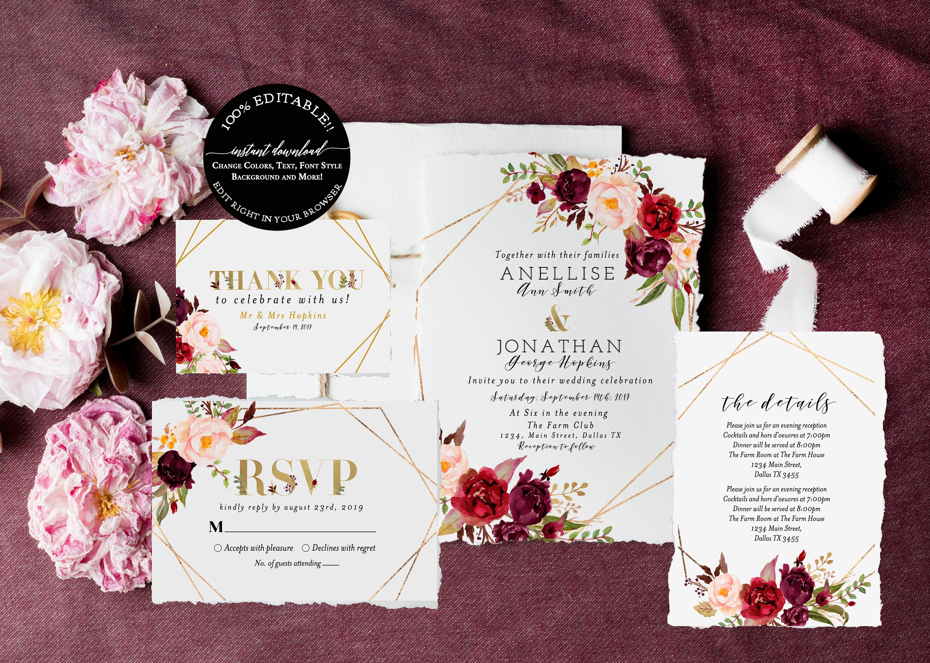 Wedding Program Thank You Card RSVP Card,Details Card Wedding Invites Marsala Wedding Invitation Set Template Download Wedding Template