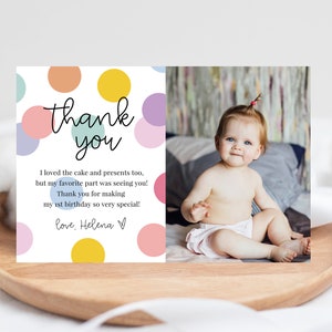 Rainbow Polka Dots Photo Bedankkaart, Rainbow Verjaardag Foto Bedankkaart Afdrukbaar, Rainbow Verjaardag Bedankkaart Bewerkbare DIY