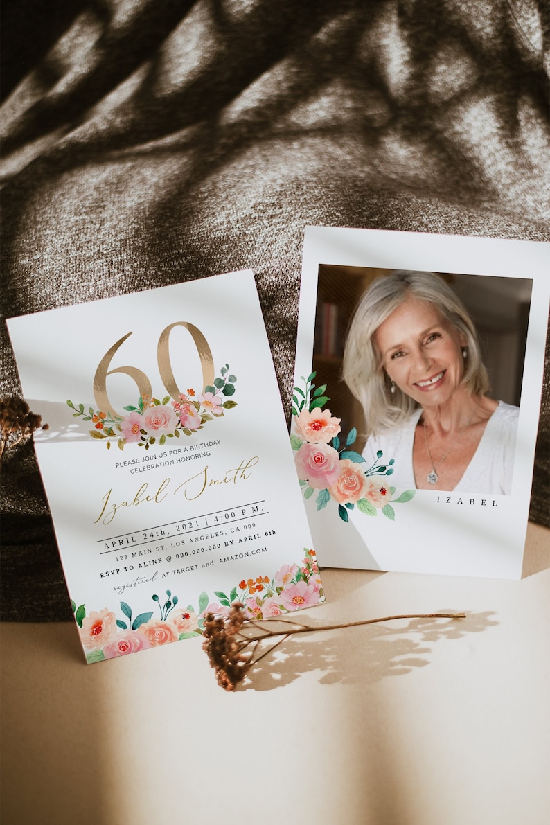 60th Birthday Invitation, Elegant 60th Birthday Invitation, SixtyBirthday, Floral Adult Birthday Invitation, 60 Birthday, Editable, DIY image 1