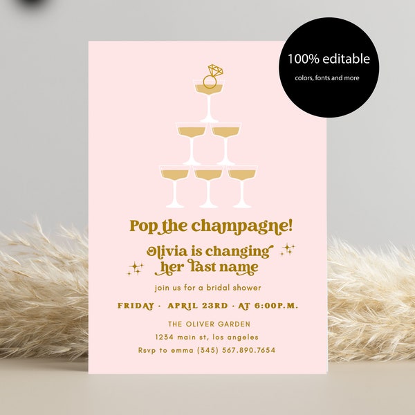 Pop the Champagne Bridal Shower Invitation, She's Changing her Last Name Editable Template Invite, Brunch & Bubbly Engagement Party