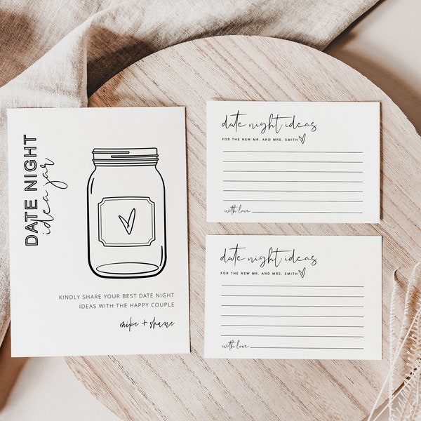 Date Night Ideas, Wedding Shower Date Jar, Date Jar, Advice & Wishes Sign and Cards, Modern Bridal Shower Games, Wedding Shower Games, DIY