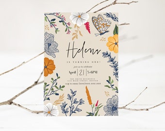 EVA | Wildflower Birthday Invitation, Wildflowers, Girl First Birthday Invitation, Wild Flower, Garden Birthday, INSTANT DOWNLOAD