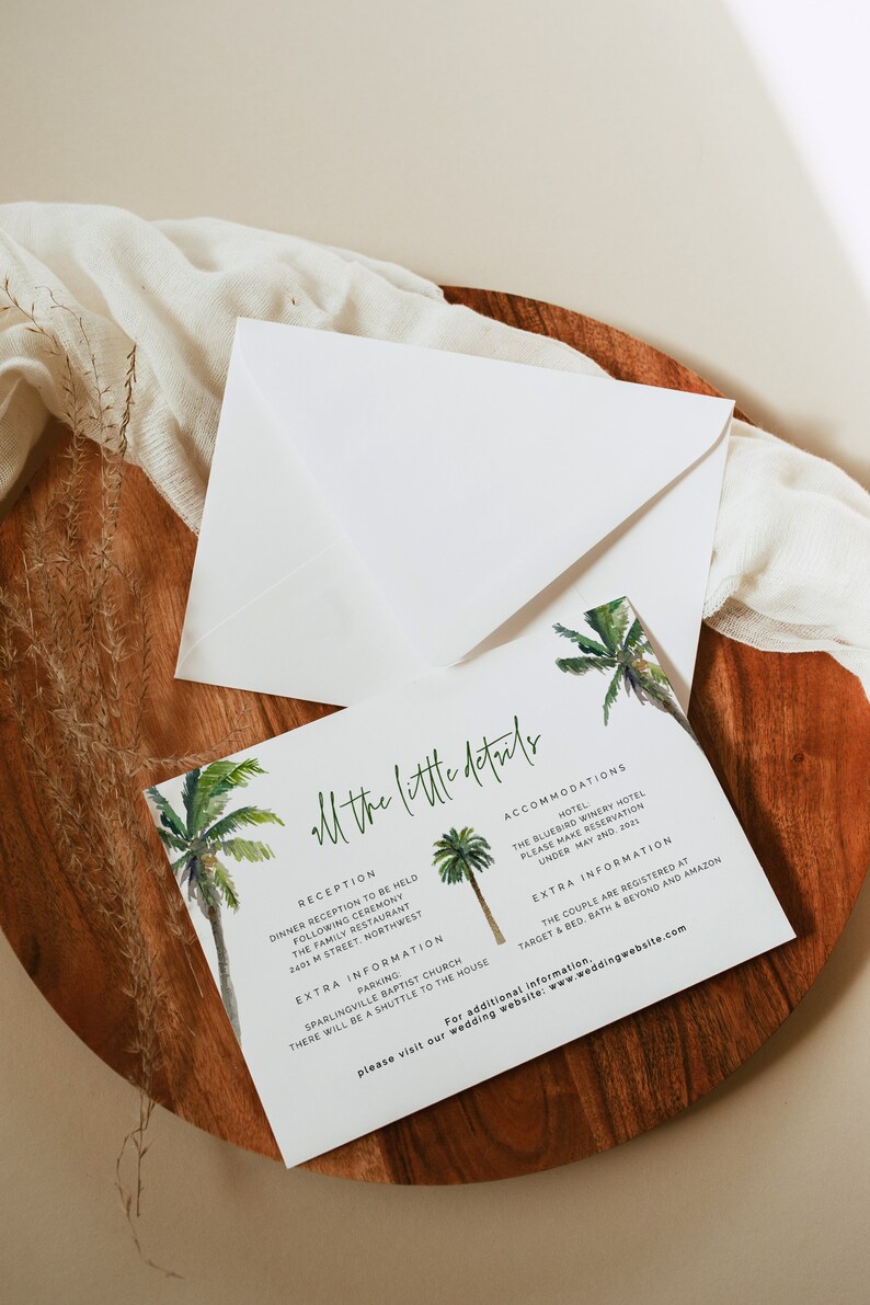 May include: A white card with green text and palm tree illustrations. The text reads "All the little details" and includes information about the reception, accommodations, and extra information for a wedding. The text includes the date "May 2nd, 2021".