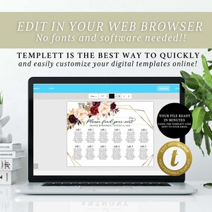 Puede incluir: Un ordenador port&aacute;til muestra una plantilla de plano de asientos de boda con detalles florales y marcos geom&eacute;tricos dorados. El texto "Please find your seat" es prominente. La pantalla tambi&eacute;n muestra el texto "Edit in your web browser" y "Templett".