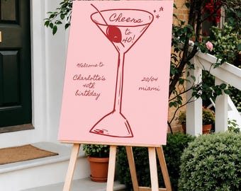 Martini Birthday Welcome Sign Template, Cheers to 40 Sign, Editable Canva Welcome Poster, Cocktail Party Entrance Sign Pink Red