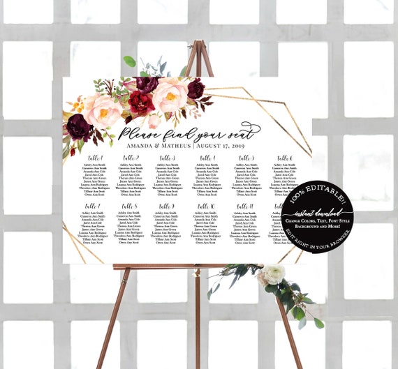 Fall seating chart wedding, Editable Seating Chart Template, Burgundy Wedding Seating Chart, Marsala Seating Chart, Wedding Seating Board