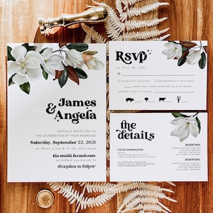 Magnolia Hochzeitseinladung Set, Editierbare Minimal Hochzeitseinladung, Grüne Hochzeit, Südhochzeiten, Magnolienhochzeiten, einfache Hochzeitseinladung
