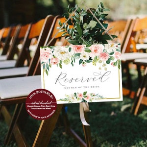 Reserved Wedding Ceremony Seating Sign, Reserved Chair Sign Template, Reserved Chair Tags, 100% Editable, INSTANT DOWNLOAD, Templett