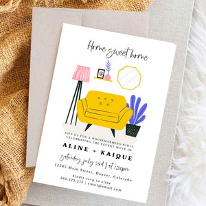 May include: A housewarming party invitation with a yellow armchair, a lamp, a mirror, and a plant. The invitation reads "Home sweet home" and includes the names "Aline + Kaique", the date "Saturday, July 22nd", the time "1:00pm", the address "12245 Main Street, Denver, Colorado", and the contact information "444.323.211 | email@email.com".