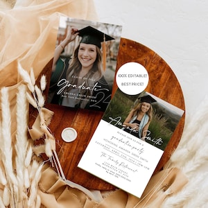 May include: Graduation party invitation with a photo of a woman in a cap and gown. The invitation is white with black text and a green border. The text reads "Please join us for a graduation party honoring Amanda Green Smith, Saturday, April 23rd, 2024, 2pm-5pm, The Family Restaurant, 1234 Main Street, Manhattan NY 4555, kindly reply to [phone number] by April 15th."