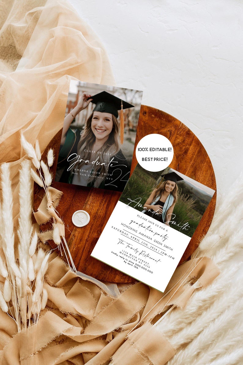 May include: Graduation party invitation with a photo of a woman in a cap and gown. The invitation is white with black text and a green border. The text reads "Please join us for a graduation party honoring Amanda Green Smith, Saturday, April 23rd, 2024, 2pm-5pm, The Family Restaurant, 1234 Main Street, Manhattan NY 4555, kindly reply to [phone number] by April 15th."