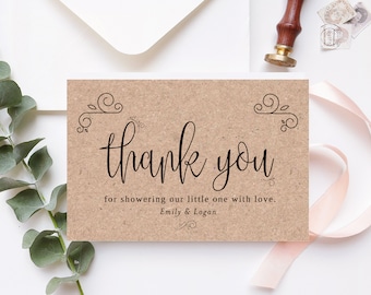 Rustic Baby Shower Thank You Card, Baby Shower Thank You Template, DIY Baby Shower, 100% Editable, INSTANT DOWNLOAD, Kraft, Templett