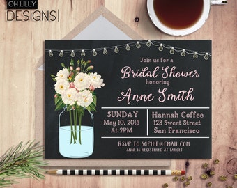 Chalkboard Bridal Shower Invitation Printable, Mason Jar Bridal Shower Invitation, Floral Bridal Shower Invite, Printable Bridal Shower