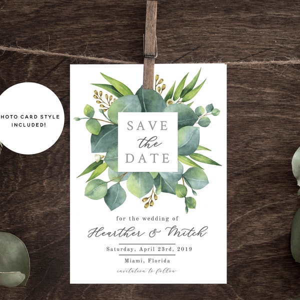 Greenery Save the Date Template, Eucalyptus Save the Date, Instant Download, Greenery Wreath, Printable Boho Wedding Date Card, Templett