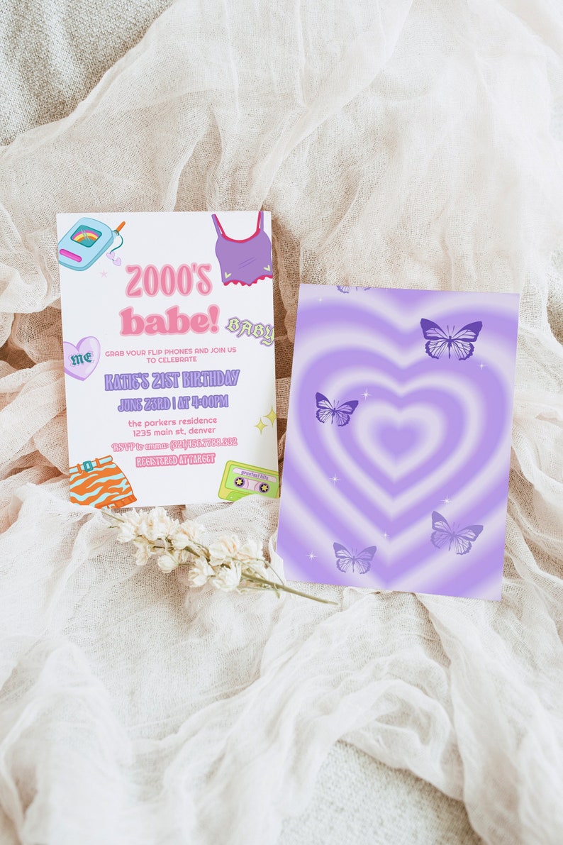 May include: Two invitation cards with a 2000s theme. One card has the text "2000's babe!" and event details. The other card features a purple heart design with butterflies. The cards are on a white fabric background.