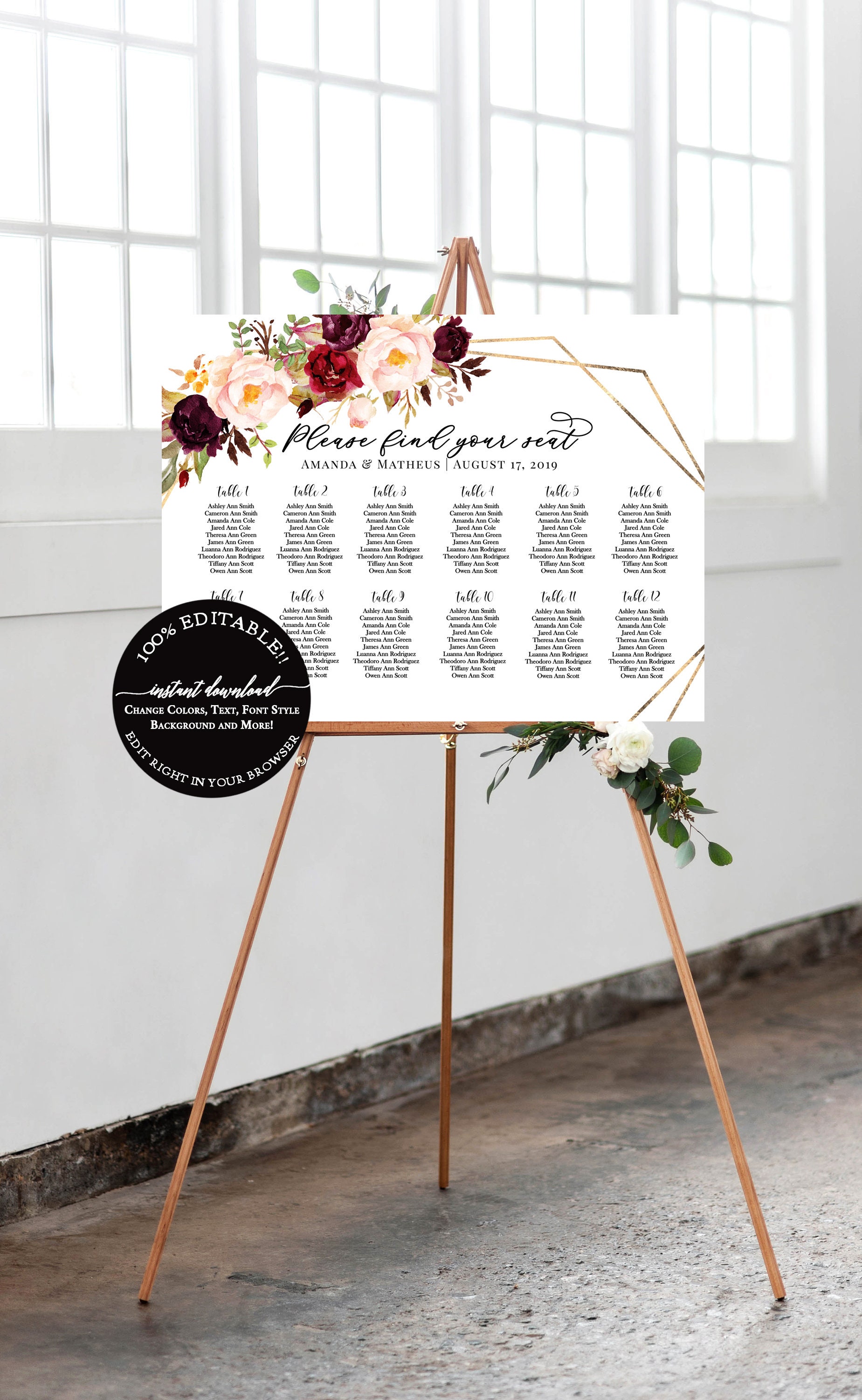 Fall Seating Chart Wedding Editable Seating Chart Template Etsy