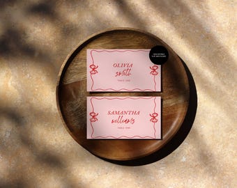 Pink Red Place Cards Template, Bow Place Cards, Handwritten Place Cards Template, Whimsical Place Card, Editable Table Name Card Bridal